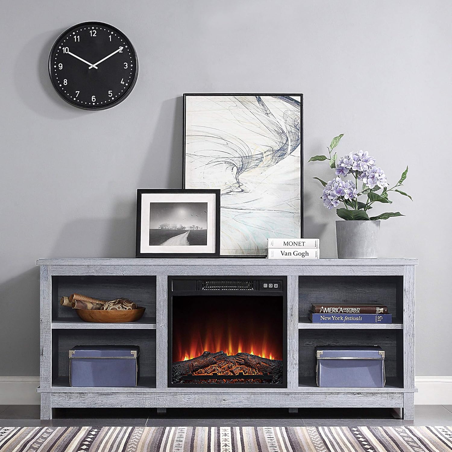 Gray Wash TV Stand with Wood Glass Storage Cabinets G4573