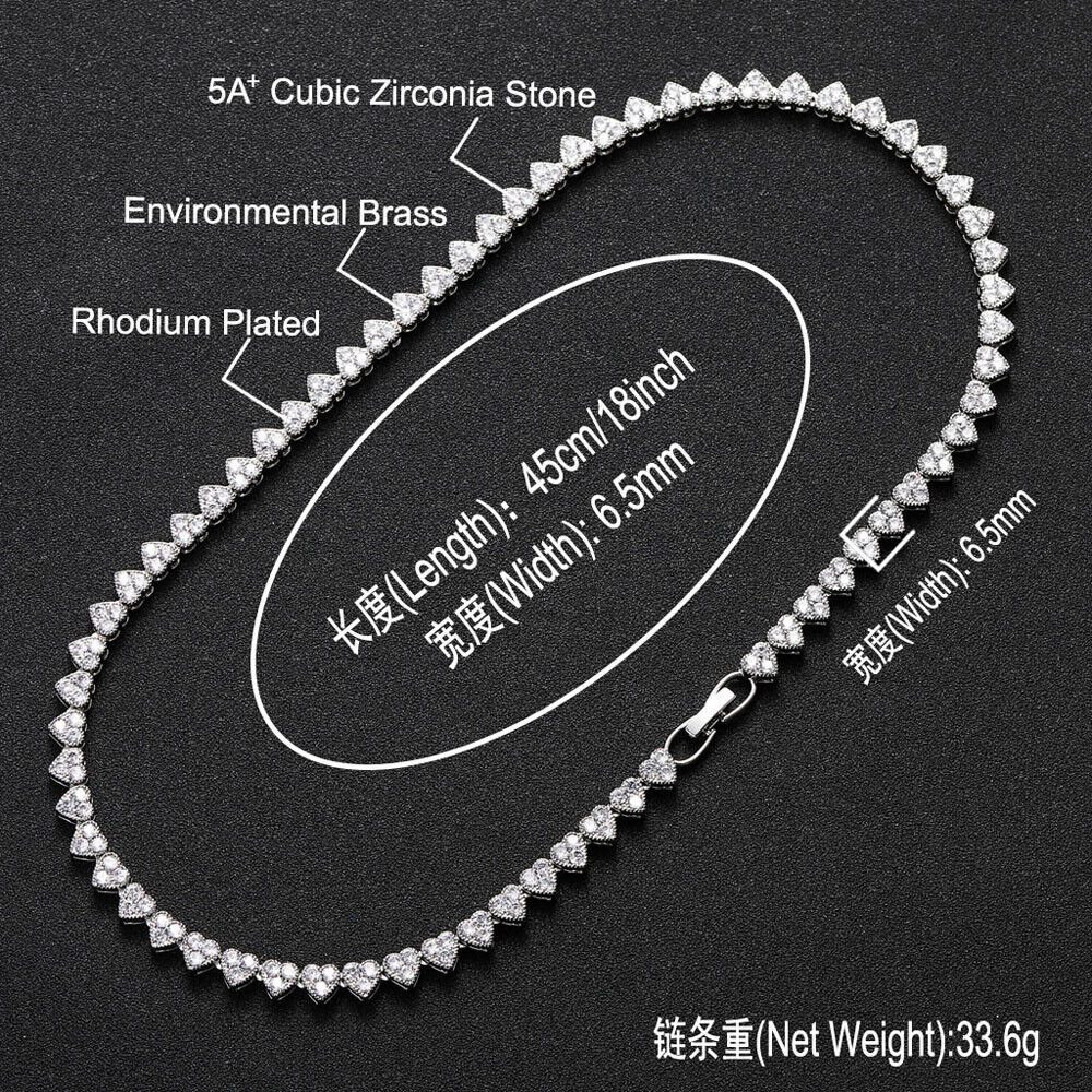 18K Gold Silver Plated 6.5mm Hip Hop Heart Chain Necklaces CZ R566