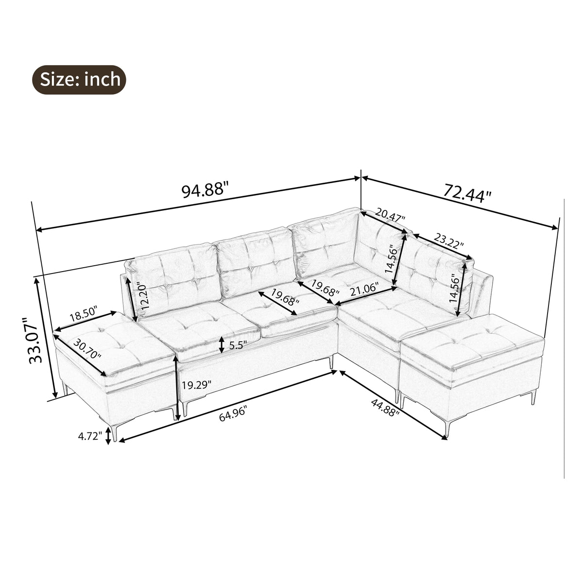 Black PU Leather L-Shaped Corner Sectional Sofa with Movable Storage Ottomans M11904
