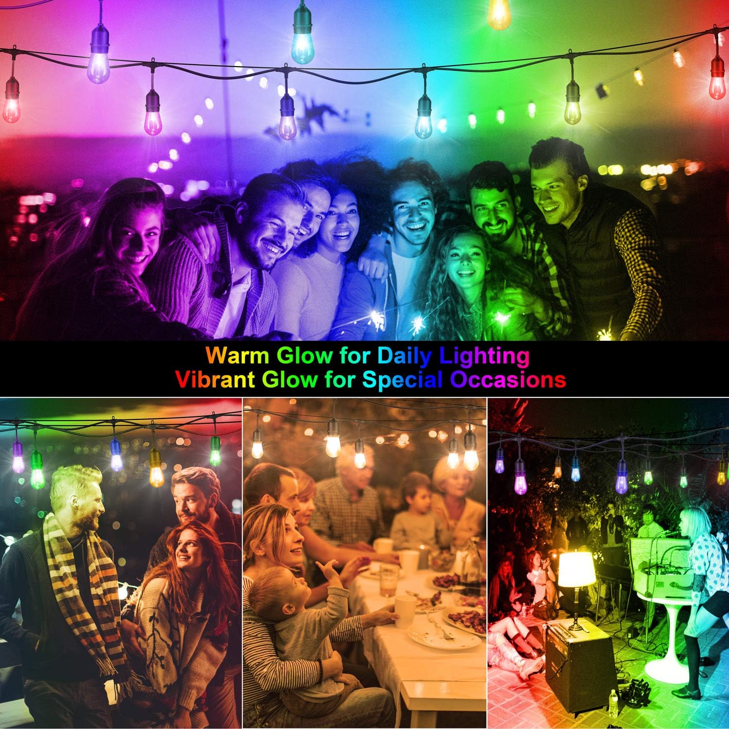 48FT RGB Cafe String Lights with 18 Shatterproof Edison Bulbs U855872