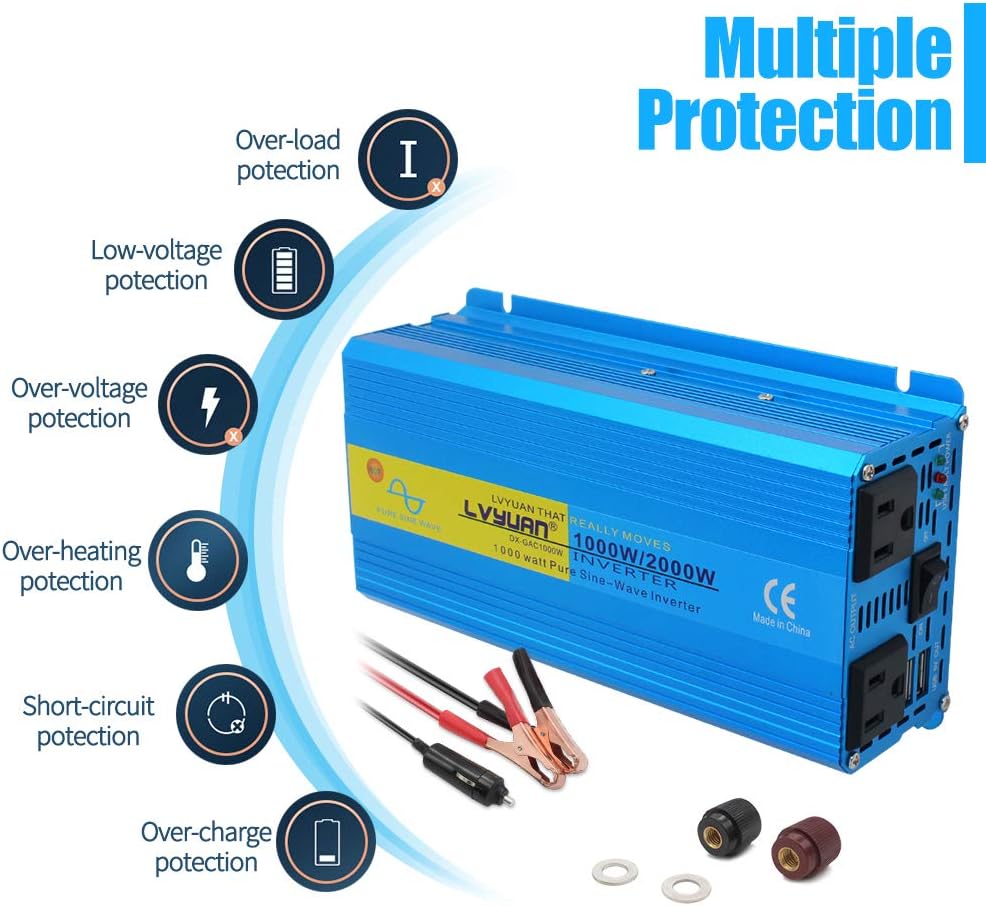 1000W Pure Sine Wave Power Inverter 12V to 110V DC to AC Converter with Dual USB Ports and Dual AC Outlets L1726