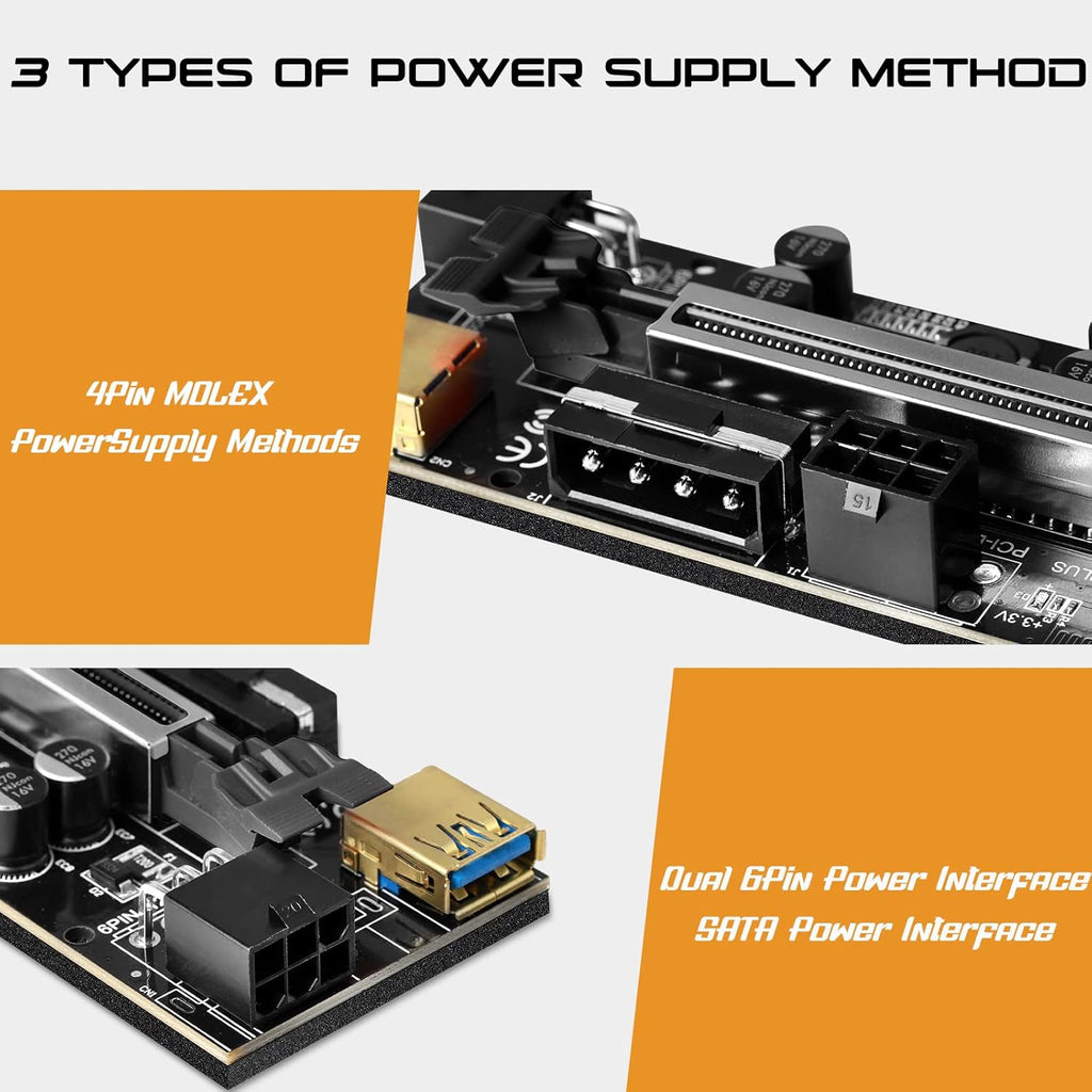 6 Pack PCI-E GPU Riser with 8 Solid Capacitors and LED Light, 1X to 16X, 60cm USB 3.0 Cable Z328