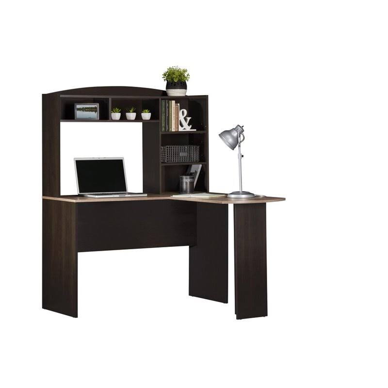 Espresso and Rustic Oak L Desk with Hutch V21138