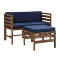 Dark Brown Navy Blue Acacia Patio Arm Chairs and Ottoman Y7117